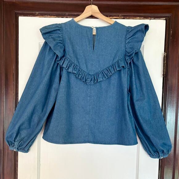 Ungrid Japanese Denim Ruffle Blouse- Size Medium, Boho Chic - Picture 2 of 5